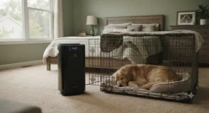 A quiet air purifier positioned near a large dog crate in a suburban home bedroom.