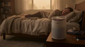 A portable air purifier operating in quiet mode in a bedroom for clean air while sleeping.