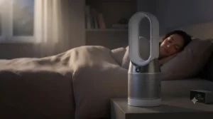 A person sleeping soundly next to a quiet air purifier designed for smoke-filled bedrooms.