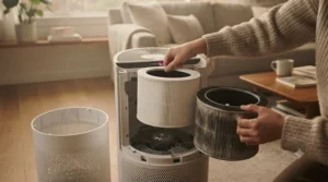 Illustration demonstrating how to replace a clogged air purifier filter after heavy smoke exposure.