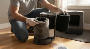 Pet owner replacing the dirty carbon filter of an air purifier used for cat litter box odor control