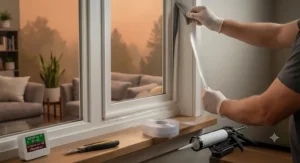 A person using weather stripping and sealant to seal a window frame to prevent wildfire smoke fro