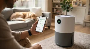 A smart air purifier for pets being controlled via a smartphone app to monitor indoor air quality.