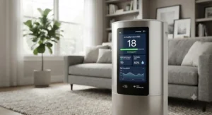 Smart air purifier for mold displaying real-time indoor air quality levels on an LED touch screen.