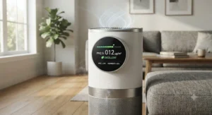 A smart air purifier with a real-time air quality sensor indicating improved air levels after filtering smoke.