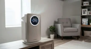 A modern smart air purifier with a digital display monitoring basement air quality and humidity.