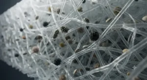 Close-up diagram of a True HEPA filter trapping microscopic mold spores and airborne allergens.