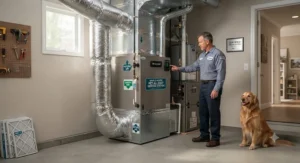 A high-capacity whole-house air purifier for dog allergies installed in a suburban American home.
