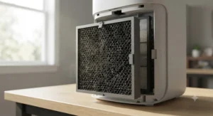 Close-up of an activated carbon filter inside an air purifier designed to trap toxic paint fumes and chemicals.