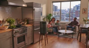 A family enjoying a fresh-smelling home environment thanks to an air purifier removing cooking smells.