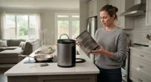 A homeowner inspecting a dirty carbon filter from an air purifier used frequently during heavy kitchen cooking.