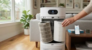 Pair of hands replacing a dirty filter inside a smart air purifier for viruses to maintain clean indoor air.
