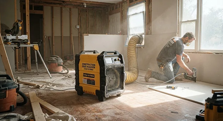 Heavy-duty air purifier for construction dust operating on an active American residential remodeling job site.