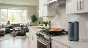 Living room and open-concept kitchen layout with an air purifier set up to eliminate lingering fish cooking smells.