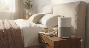 A compact air purifier for dust sitting on a bedroom nightstand next to a bed.