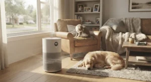 An air purifier for dust operating in a home with pets to reduce dander and hair.