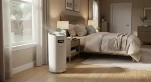 A quiet air purifier for musty smell set up in a master bedroom for fresh, clean air overnight.