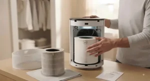 Hands replacing the True HEPA filter inside a residential air purifier for sick room maintenance.