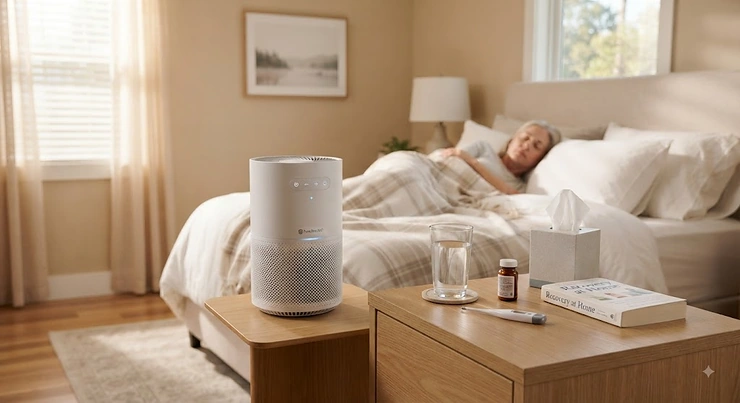 A compact air purifier for sick room placed on a bedside table to improve indoor air quality.