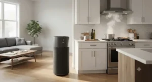 An air purifier for VOCs placed in an open-concept kitchen to neutralize cooking smoke and household odors.
