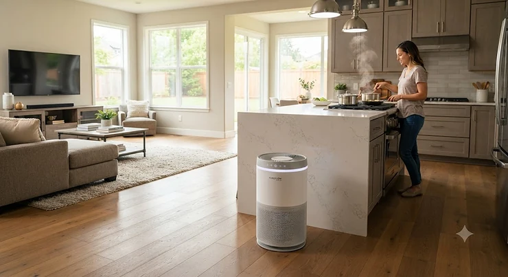 An air purifier placed in a modern American open-concept living room and kitchen area to clear cooking odors.