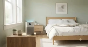 Compact air purifier placed on a nightstand in a newly renovated bedroom to clear out paint fumes and chemical off-gassing.