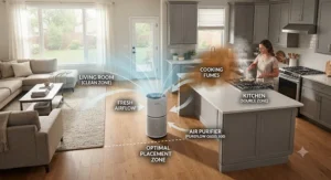 Diagram showing optimal air purifier placement in an open floor plan home to capture kitchen cooking fumes.