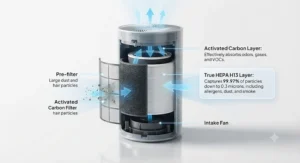 Diagram showing a true HEPA and activated carbon filter inside an air purifier for odors