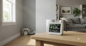 An indoor air quality monitor displaying safe VOC levels after running an air purifier for paint fumes.