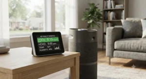Digital air quality monitor displaying volatile organic compound levels near an air purifier for VOCs.