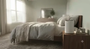 Quiet air purifier for odors running on a nightstand in a primary bedroom for clean air