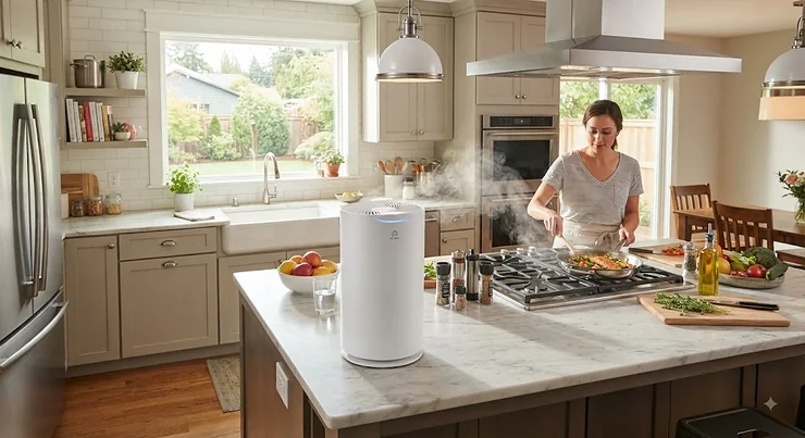 A modern, sleek air purifier placed in a spacious American kitchen to eliminate strong cooking odors. air purifier for cooking smells