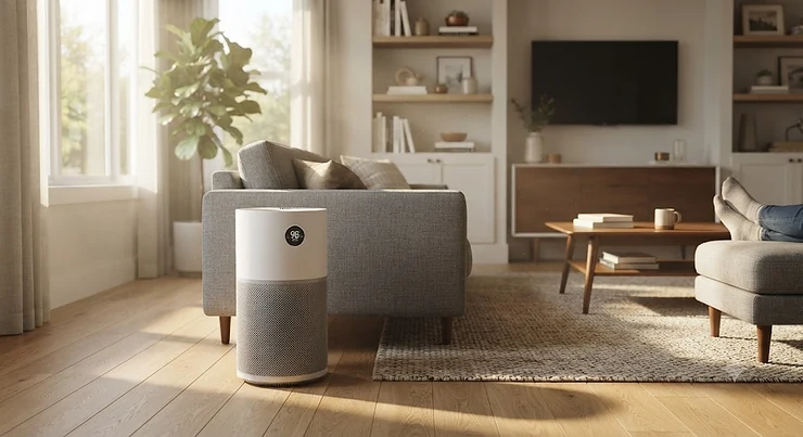 A sleek air purifier for dust placed in a modern American living room setup.