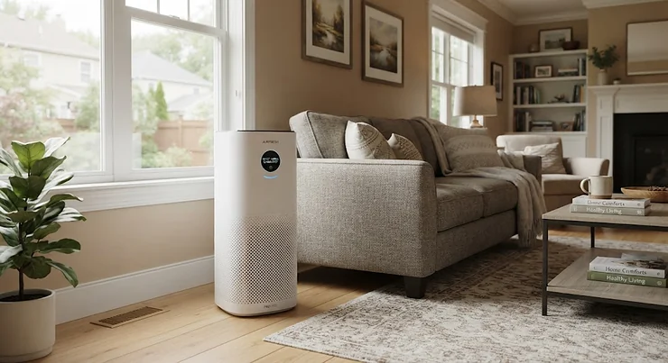 A sleek air purifier for musty smell placed in a cozy American living room to eliminate stale odors and improve indoor air quality.
