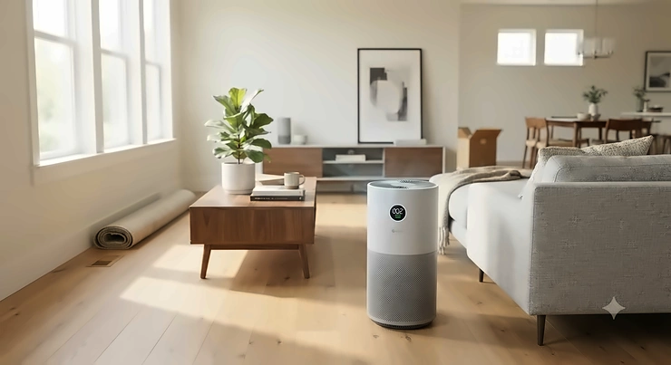 A modern air purifier running in a newly built living room to reduce VOCs and off-gassing from fresh paint and new furniture.