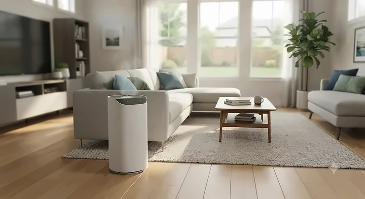 A sleek air purifier for odors placed in a modern American living room to freshen the air