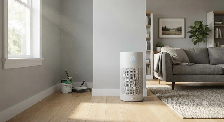 A sleek air purifier for paint fumes running in a freshly painted American living room to remove VOC odors.
