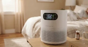 Close-up of a medical-grade HEPA air purifier for sick room showing digital air quality indicators.