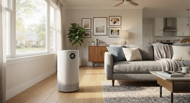 A sleek, modern air purifier for viruses placed in a bright American living room. UV-C air purifier virus bacteria home