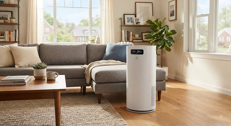 A sleek, modern air purifier for viruses operating quietly in a brightly lit American living room.
