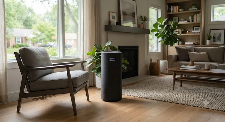 A sleek air purifier for VOCs operating quietly in a modern American living room.