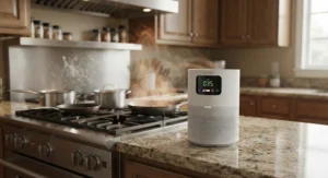 Small countertop air purifier designed for kitchen use sitting on a granite countertop near the stove.