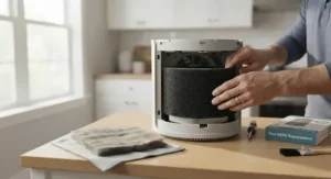 Hands replacing the activated carbon filter in an air purifier for odors during routine maintenance