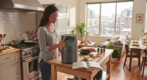 A person selecting settings on a smart air purifier to specifically target and reduce stubborn cooking smells.