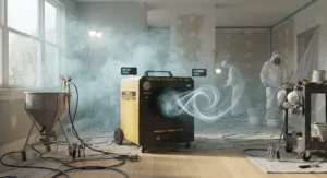 A heavy-duty air scrubber and air purifier clearing thick paint fumes from a professional remodeling site.