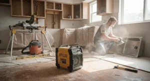 Compact air purifier for construction dust positioned in a room undergoing a DIY kitchen remodel.