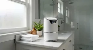 A compact air purifier for musty smell positioned on a bathroom counter to combat mildew odors and high humidity.