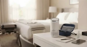 A small travel-friendly air purifier for sick room use in a hotel or temporary recovery space.