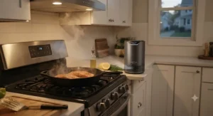 A compact, space-saving air purifier on a kitchen counter removing strong fish cooking odors.