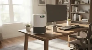 A compact air purifier for VOCs sitting on a desk inside a home office.
